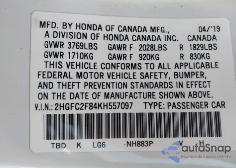 2019 Honda Civic Sport from USA, damaged, VIN 2HGFC2F84KH557097